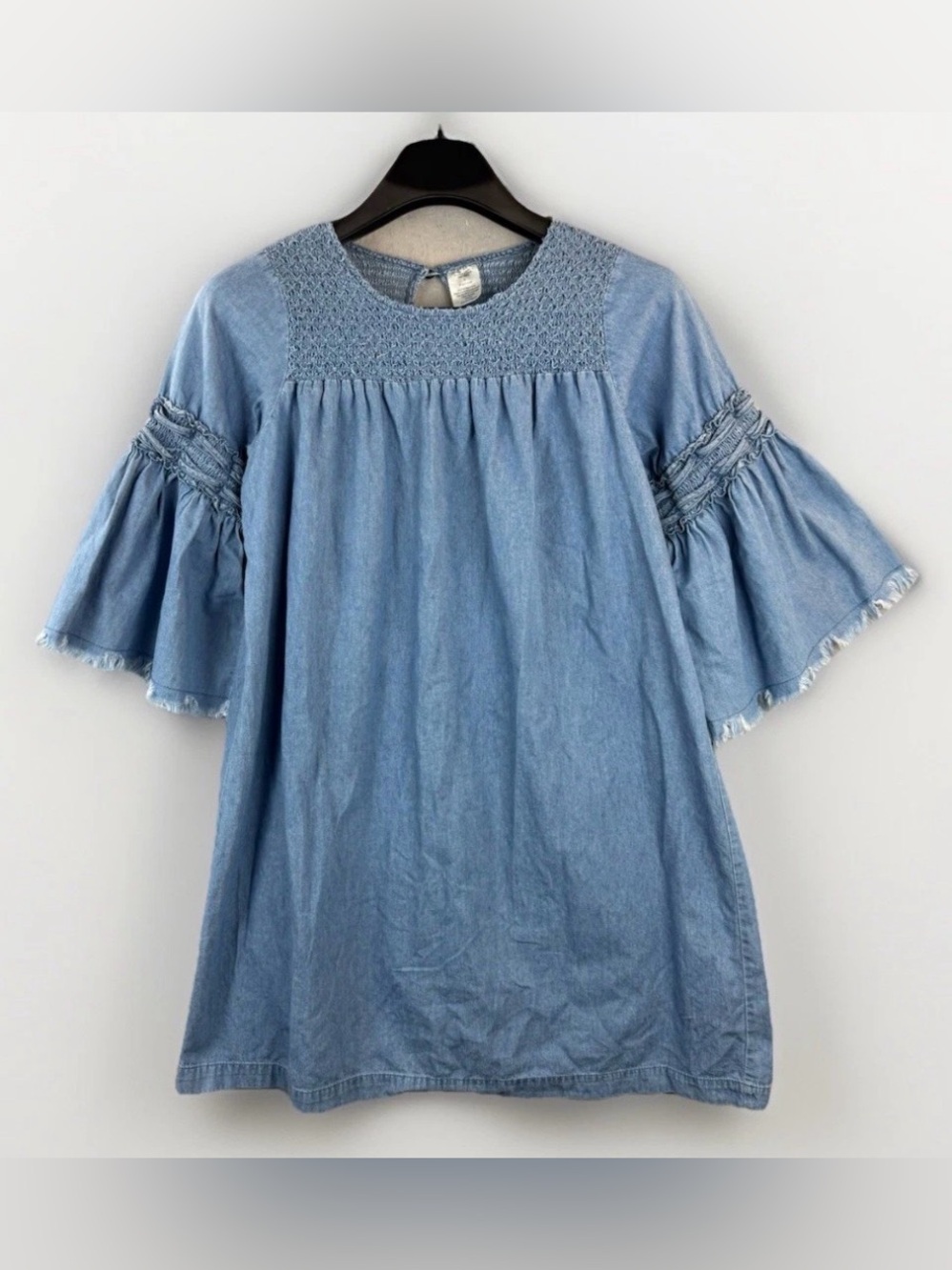 Light Blue Denim Smocked Yoke Mini Dress